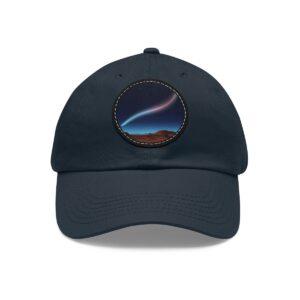 Dad Hat with a comet design featuring a colorful streak of light across the night sky on front