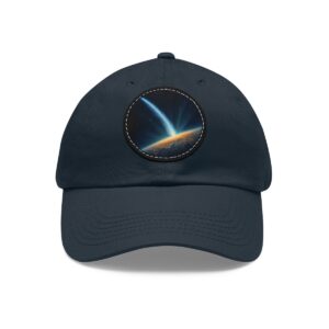 Dad Hat with a comet design featuring a streak of light over a planet on front