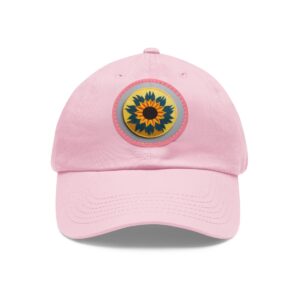 Dad Hat with vibrant sunflower design in yellow, blue, and green on the front