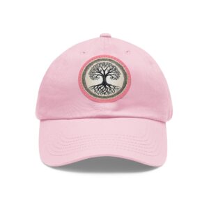 Dad Hat with black and white circular tree of life design on the front