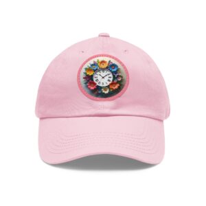 Dad Hat with round floral clock design patch featuring colorful flowers around a clock face