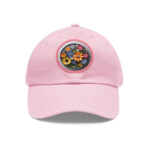 Dad Hat with round floral design patch featuring colorful flowers on a dark background