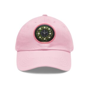 Dad Hat with round patch featuring a circular abstract design with green and white patterns