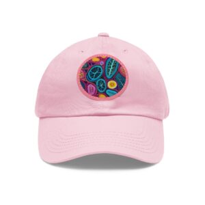 Dad Hat with round patch featuring colorful abstract patterns with leaf shapes and circles