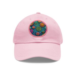 Dad Hat with round patch featuring colorful abstract circular patterns on a turquoise background