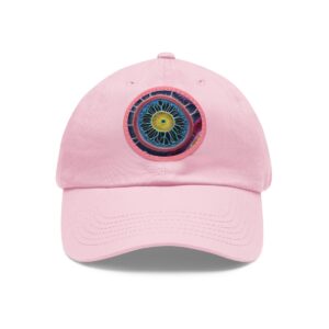 Dad Hat with round patch featuring a colorful abstract design resembling a circular mandala pattern