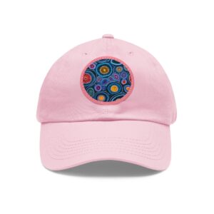 Dad Hat with round patch featuring vibrant abstract circular designs in various colors