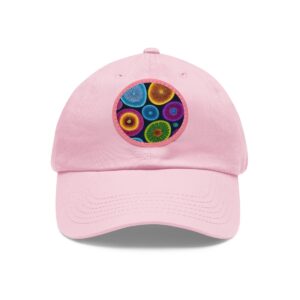 Dad Hat with round patch featuring a colorful design of abstract circular patterns