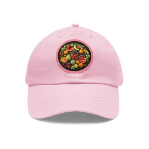 Dad Hat with round patch featuring a colorful mix of sliced fruits and vegetables in a circular pattern