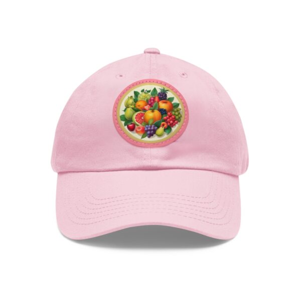 Dad Hat with round patch featuring a vibrant assortment of fruits in a circular arrangement