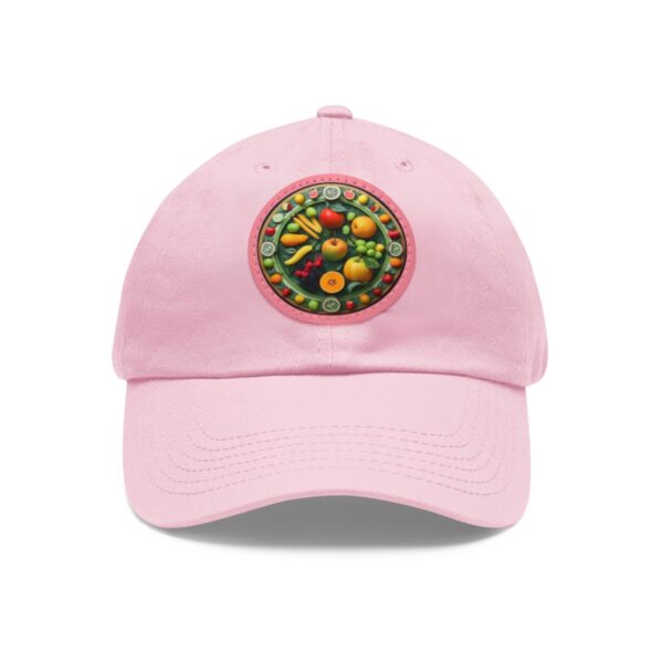 Dad Hat with round patch featuring a colorful fruit and vegetable mandala design