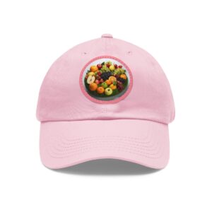 Dad Hat with round patch featuring a colorful design of assorted fruits in a bowl