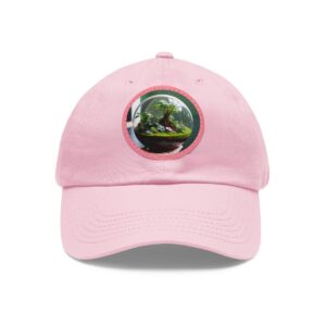 Dad Hat with round patch featuring a terrarium design with a miniature tree and plants