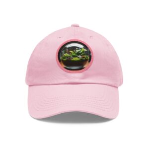 Dad Hat with round patch featuring a terrarium design with various green plants and moss