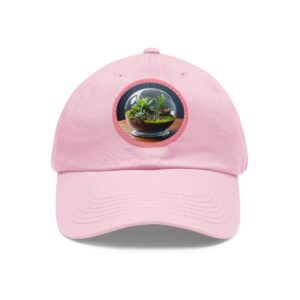 Dad Hat with round patch featuring a small terrarium design with vibrant greenery on a wooden surface