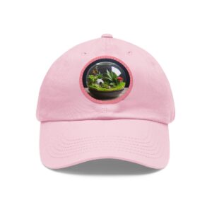 Dad Hat with round patch featuring a detailed terrarium design with lush greenery