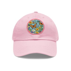 Dad Hat with a vibrant butterfly and floral meadow design featuring sunflowers and daisies on the front