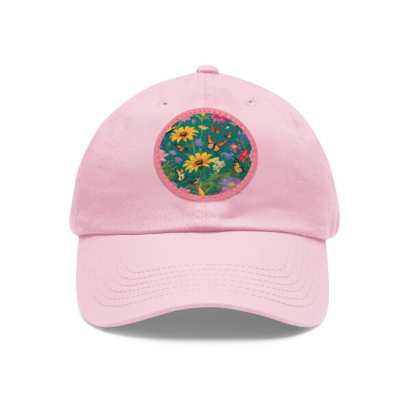 Dad Hat with a colorful floral meadow design featuring sunflowers, daisies, and lush greenery on the front