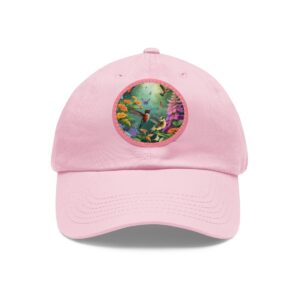 Dad Hat with a vibrant enchanted garden design featuring colorful flowers, hummingbirds, and butterflies on the front