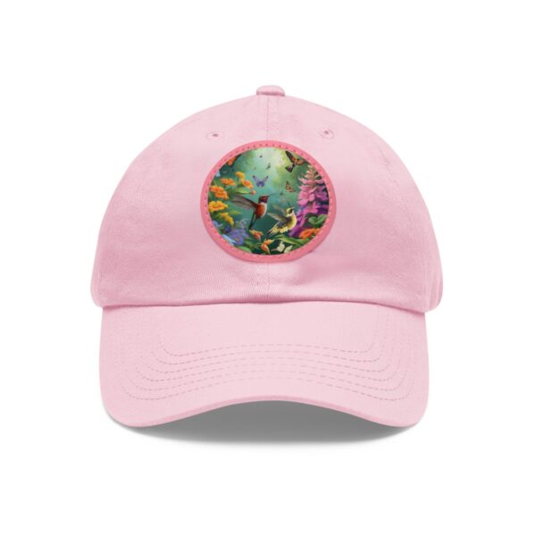 Dad Hat with a vibrant enchanted garden design featuring colorful flowers, hummingbirds, and butterflies on the front