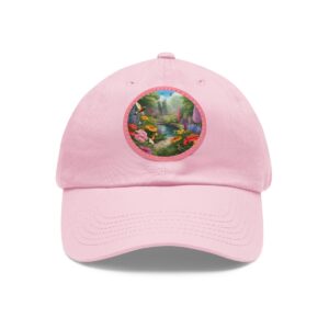 Dad Hat with a colorful enchanted garden design featuring lush flowers and a serene landscape on the front