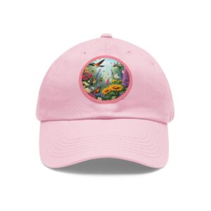 Dad Hat with a vibrant floral garden design featuring hummingbirds, butterflies, and colorful flowers on the front