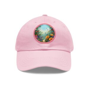 Dad Hat with a bright floral garden and sunny sky design on the front