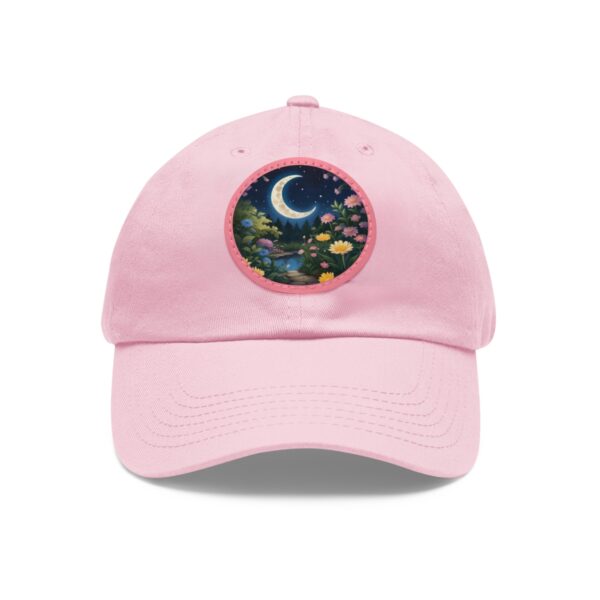 Dad Hat with a crescent moon and colorful floral garden design on the front