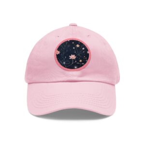 Dad Hat with a floral night garden design featuring a pink flower and stars on the front