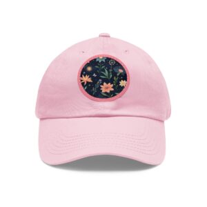 Dad Hat with a floral night garden design featuring yellow and pink flowers on the front