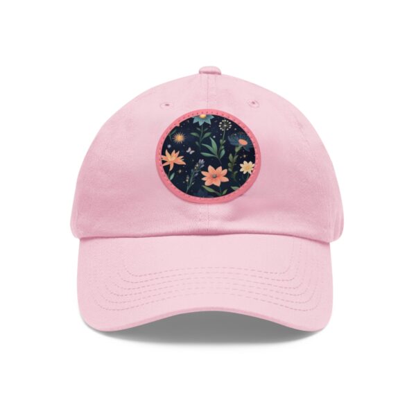 Dad Hat with a floral night garden design featuring yellow and pink flowers on the front