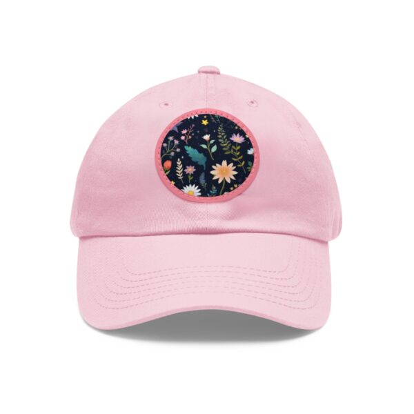 Dad Hat with a floral night garden design featuring colorful flowers and leaves on the front