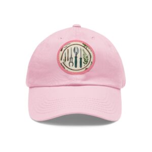 Dad Hat with a garden tools design featuring various tools and green leaves on the front