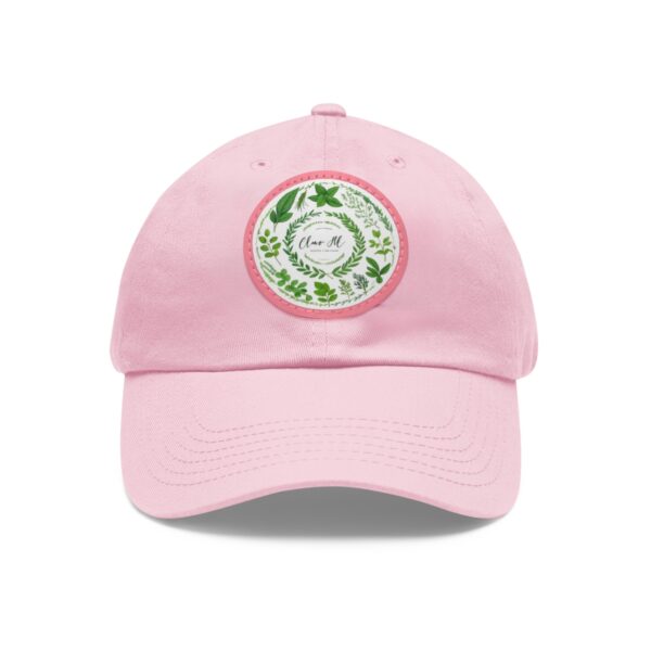 Dad Hat with a circular floral wreath design featuring green leaves and the word "Mom" in the center