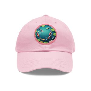 Dad Hat with a vibrant koi fish and lily pad design on the front