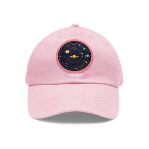 Dad Hat featuring a detailed solar system design with planets orbiting the sun on front