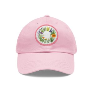 Dad Hat with a floral wreath design featuring a variety of colorful flowers on the front