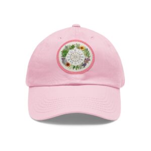 Dad Hat with a colorful floral wreath design featuring a variety of flowers and a central geometric pattern on the front