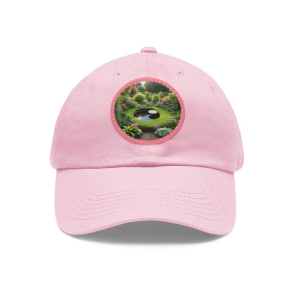 Dad Hat with a serene Japanese garden and pond design on the front