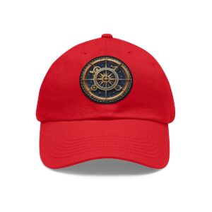 Dad Hat featuring a detailed armillary sphere design with golden accents on front