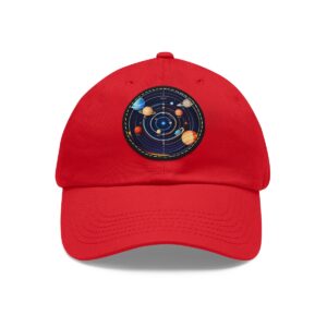 Dad Hat with a colorful solar system design featuring planets orbiting around the sun on front