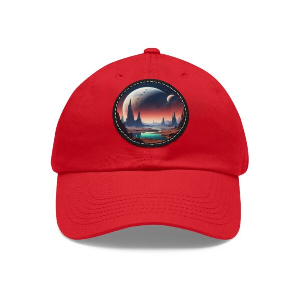 Dad Hat with a surreal alien landscape design featuring a distant planet and futuristic scenery on front