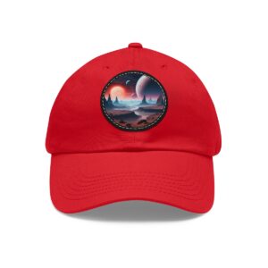 Dad Hat with a vibrant cosmic landscape design featuring a surreal alien planet on front