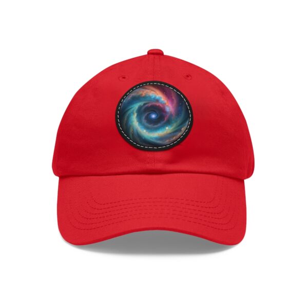 Dad Hat with a colorful galaxy design featuring a swirling spiral galaxy on front