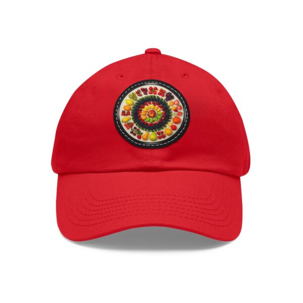 Dad Hat with round patch featuring a colorful mandala pattern made from assorted fruits