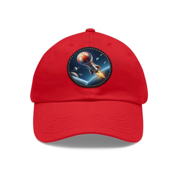 Dad Hat featuring a retro rocket ship blasting off in space with planets and stars in the background on front