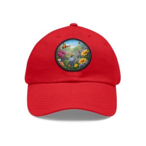 Dad Hat with a vibrant floral garden design featuring butterflies, colorful flowers, and a bright sky on the front