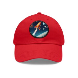 Dad Hat featuring a retro rocket ship blasting through space with planets in the background on front