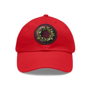 Dad Hat with a festive wreath design featuring green leaves and red berries on the front