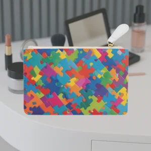 Front view of mini clutch bag with colorful abstract puzzle pattern on a vanity table